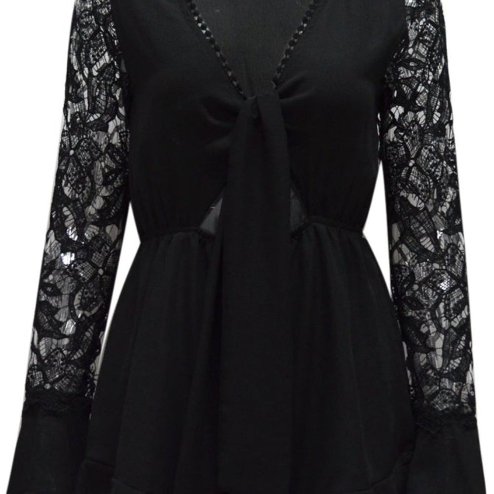 POINT OF VIEW BLACK LONG CROCHET SLEEVE ROMPER - Picture 10 of 10
